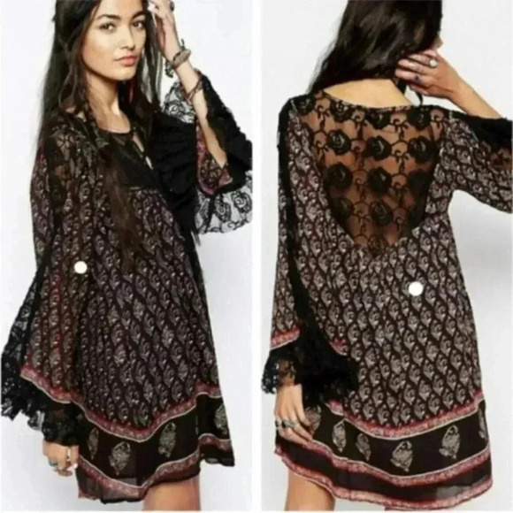 Free People Nomad Child Floral Dress Print Belle Sleeve Lace - Picture 2 of 16